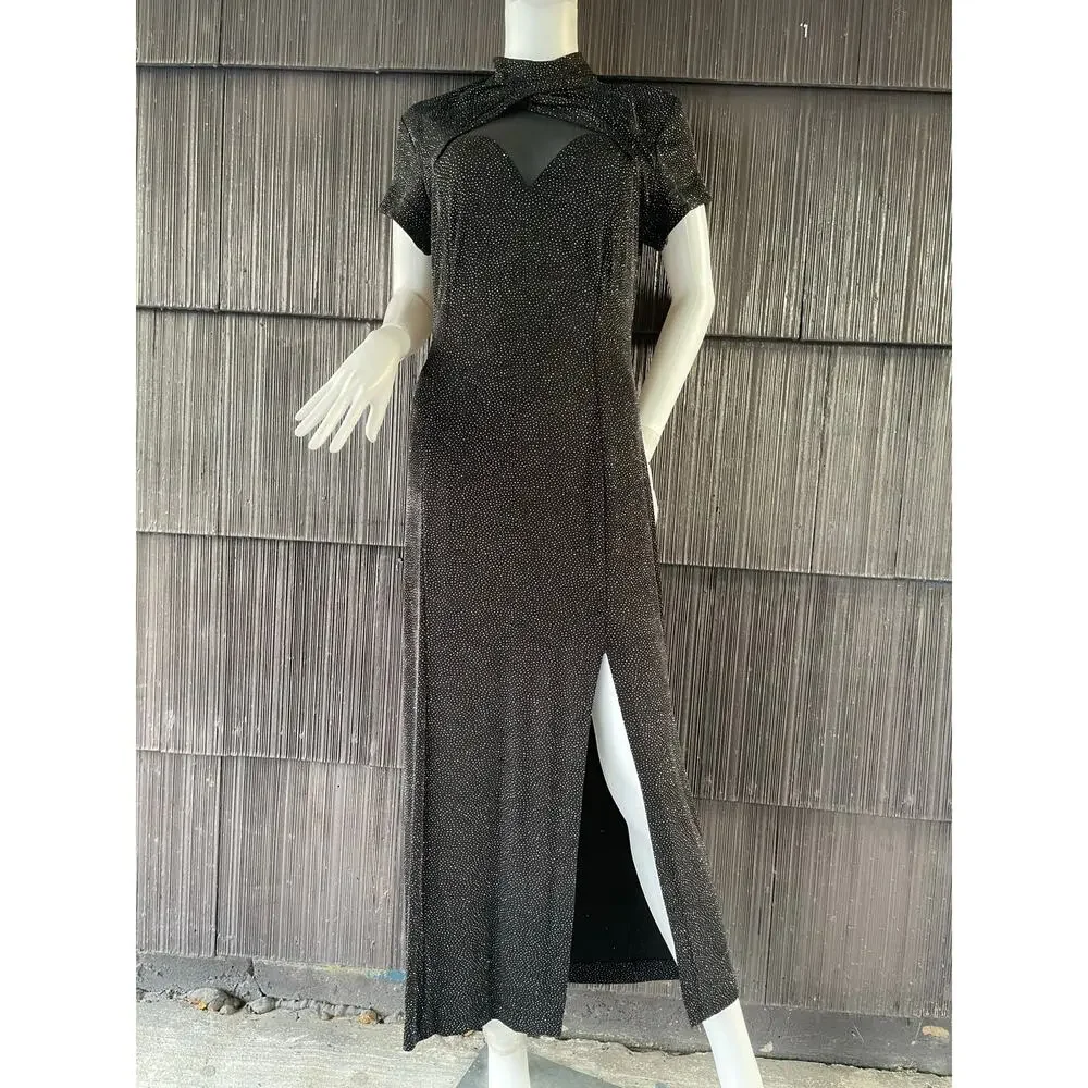 🔥VTG 90s Sparky Metallic Glitter Glam Style Bodycon Formal Evening Maxi Dres